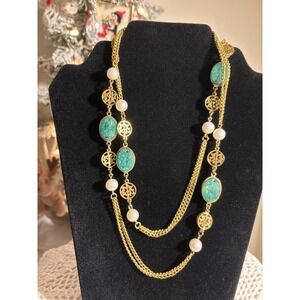 Vintage Brand Direction  One Gold Tone 36" Necklace W Faux Jade Peal Asian Style